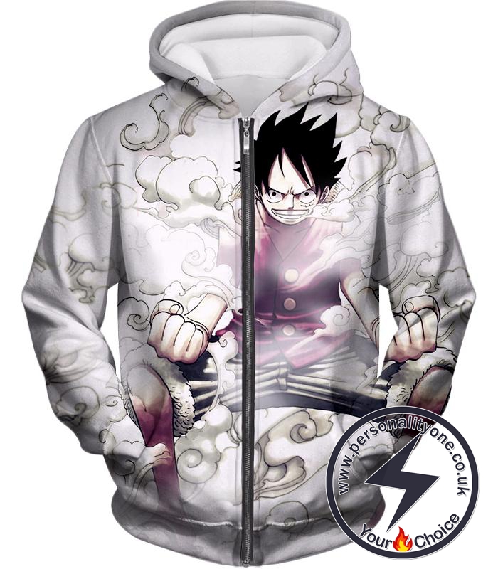 One Piece Cool Pirate Hero Monkey D Luffy Action White Zip Up Hoodie